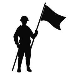 Silhouette of a soldier with a flag on a white background military holding