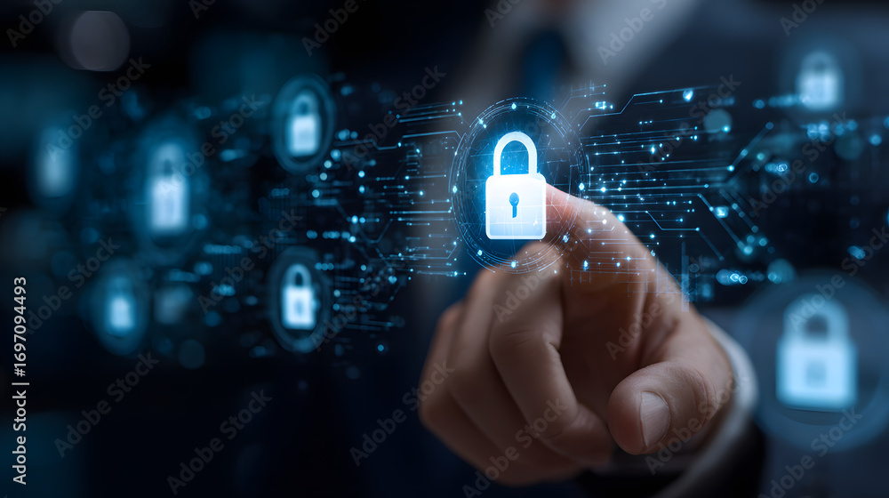Aufkleber cybersecurity concept global network security technoogy, business people protet personal information