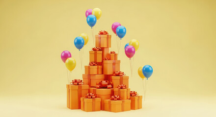 Stack of Colorful Gifts with Balloons on Yellow Background