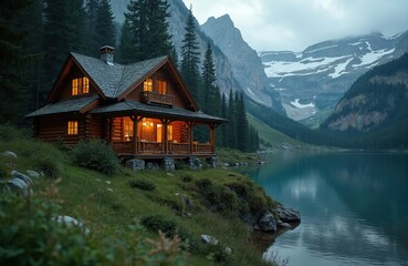 Obraz premium Cozy wooden log cabin nestled on green grassy slope beside serene turquoise lake. Towering pine trees, snow-capped mountains form dramatic backdrop. Warm lights glow from cabin windows, suggesting