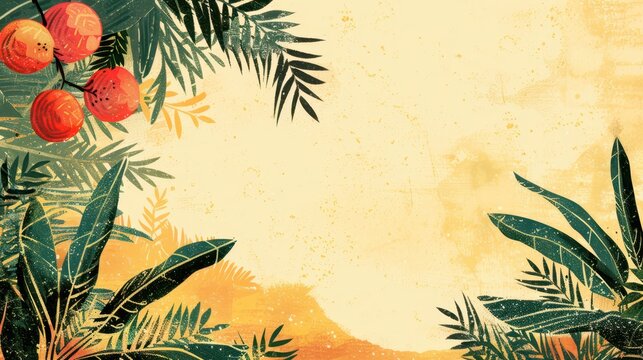 Vibrant sukkot festival background with palm leaves and etrog elements for seasonal celebration design. Horizontal banner. Copy space. Jewish holiday. Flat illustration