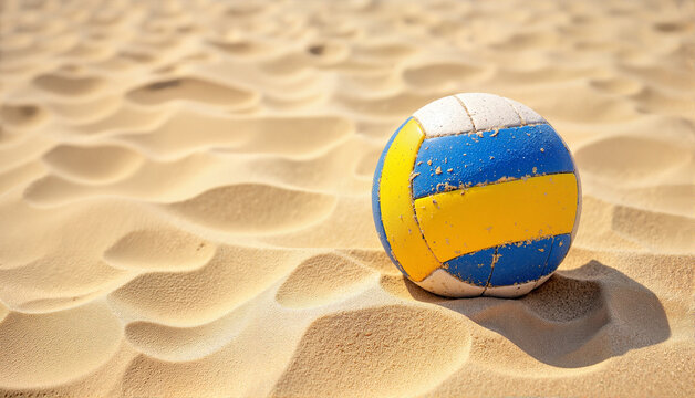 Beach volleyball resting on soft sandy surface under sunlight, summer fun concept of sports equipment or beach resort