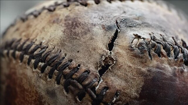 Worn and torn baseball with scuff marks.