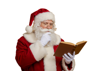 Santa Claus reads a book with his finger on his chin, appearing thoughtful while wearing his traditional red suit and hat