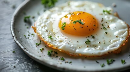 Celebrating world egg day with delicious fried egg garnished with fresh herbs. Horizontal banner. Copy space. Healthy farm food. Top view. Flat lay