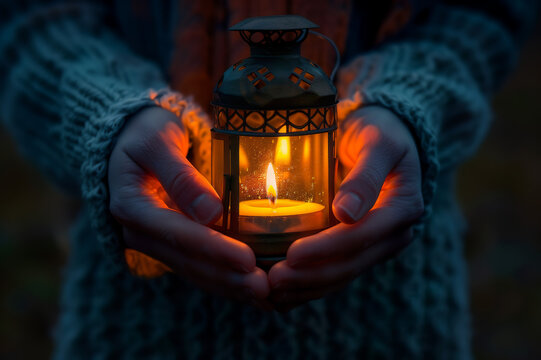 Nastrojowa latarnia w rękach kobiety – Wszystkich Świętych, ciepło, nostalgia, tradycja