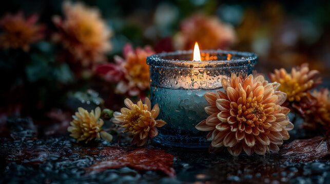 Jesienny znicz wśr&oacute;d chryzantem &ndash; Święto Zmarłych, listopad, refleksja