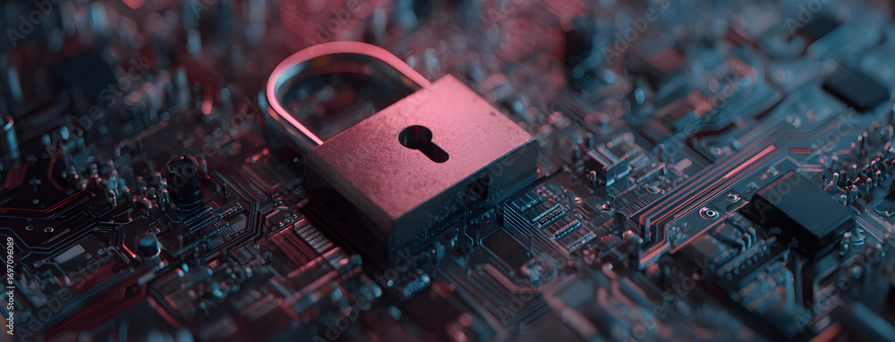 Poster secure connection or cybersecurity service concept o compute motherboard closep and safety lock with