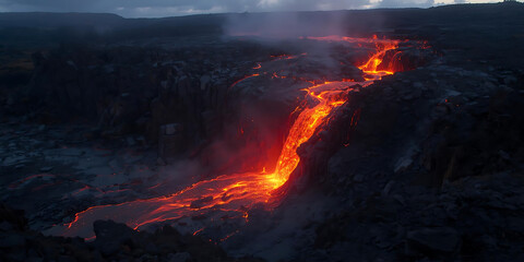 Glowing Lava Under Smoky Twilight Sky