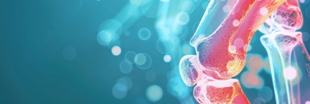 World osteoporosis day concept with bone structure on abstract blue background. Horizontal medical banner. Free space for text. Bone health and osteoporosis awareness, skeletal health. Copy space