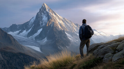 Fototapeta premium A hiker views a peak, the majestic scene illuminated by soft light. Hiker, peak, with copy space