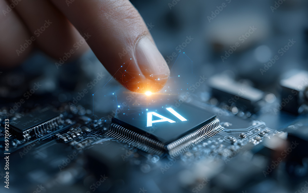 Poster ai generative artificial intelligence and machine lerning technology. man toucing ai icon in semicon