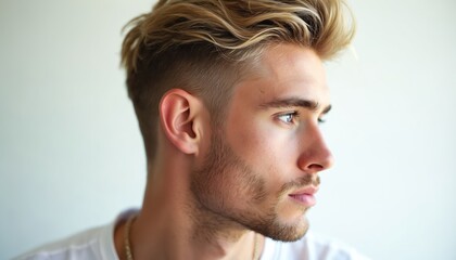 Obraz premium Close-up profile of young man with stylish blonde hair, looking away. Clean, sharp haircut, subtle beard. White background, studio lighting. Casual attire, modern aesthetic.