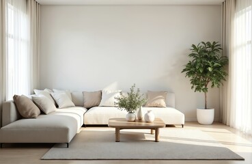 Modern living room interior features comfortable sectional sofa, neutral-toned decor, abundant natural light from sheer curtains. Wooden coffee table with vases, potted plant adds touch of nature,