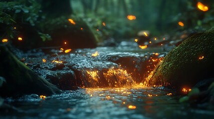 Forest stream sparkling with golden fireflies high resolution picture