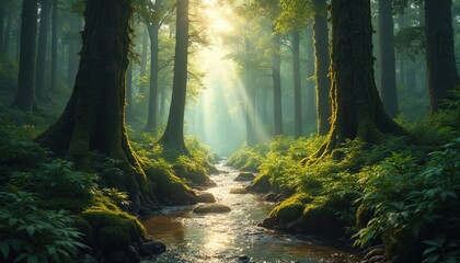 Obraz premium Sunlight streams through dense green forest illuminating a winding stream. Mossy rocks and lush vegetation line the watercourse. Tall trees with massive trunks create a natural, serene woodland path.