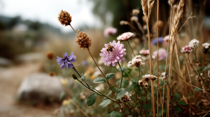 Macro photo of a bee exploring wildflowers in a vibrant summer meadow.