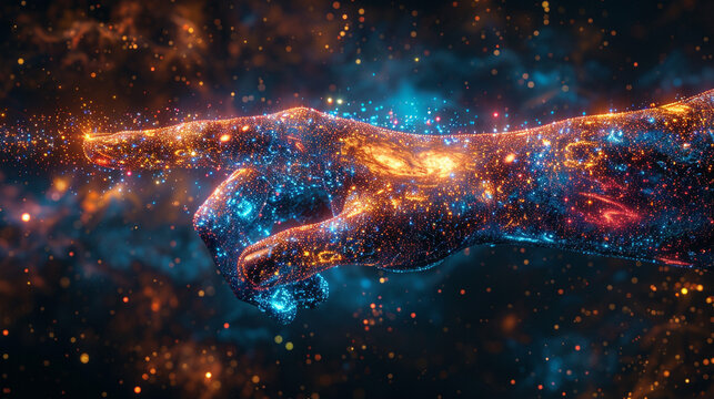 Cosmic hand pointing in nebula space background, creation concept