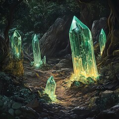 Glowing blue crystals shining in mystical forest high resolution picture