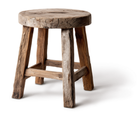 Pequeno e simples banco de madeira rústica isolado em fundo transparente.