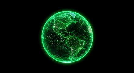 Futuristic Green Earth Globe with Glowing Cities on Black Background