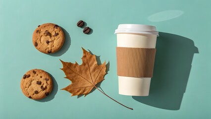 Takeaway Coffee Cup With Chocolate Chip Cookies Autumn Leaf And Coffee Beans On Pastel Background Flatlay