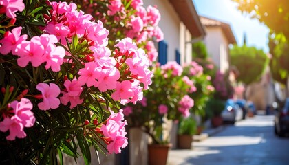 Mediterranean street adorned with vibrant pink oleander blossoms in full bloom
