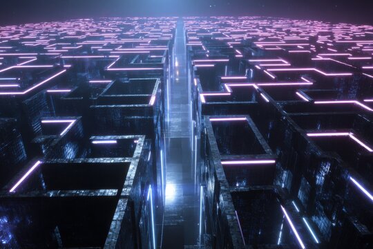 Sci-Fi Cyberpunk Maze Illuminated with Neon Lights