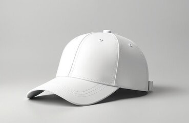 Fototapeta premium Plain white baseball cap with curved brim, adjustable strap presented in 3D rendering. Accessory features classic six-panel construction with top button, eyelets. Simple, unadorned design on neutral