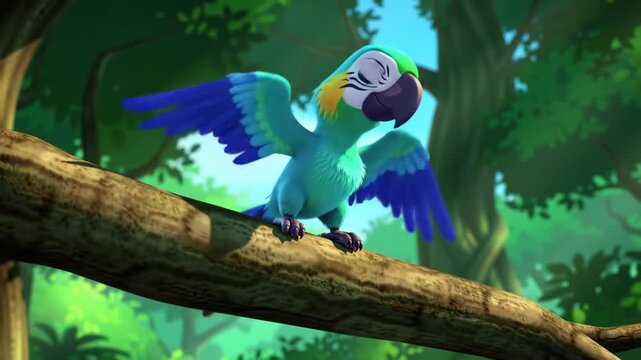 A vibrant blue and yellow 3D cartoon parrot perched on a tree branch in a lush green forest with a serene natural setting.