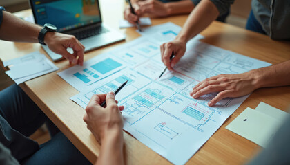 UX developers, UI designers collaborate on mobile app interface wireframe designs. Teamwork at modern office desks with charts, ideas, strategy planning. Digital development workflow focuses on user