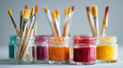 Creative medium shot of a DIY paint kit featuring brushes and sample pots main kit details crisp background artistically unfocused.