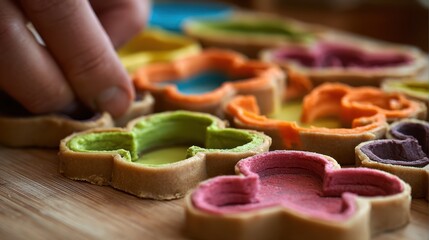 Custom cookie cutter creating unique holiday shapes on dough fingers gripping tool precisely while colorful baking tools remain blurred in a warm kitchen setting.