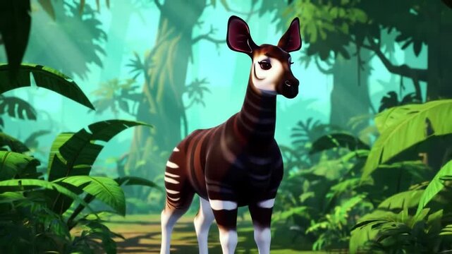 A 3D cartoon okapi stands in a lush, vibrant jungle with dense foliage and trees in the background, looking directly at the viewer with a mix of curiosity and caution.