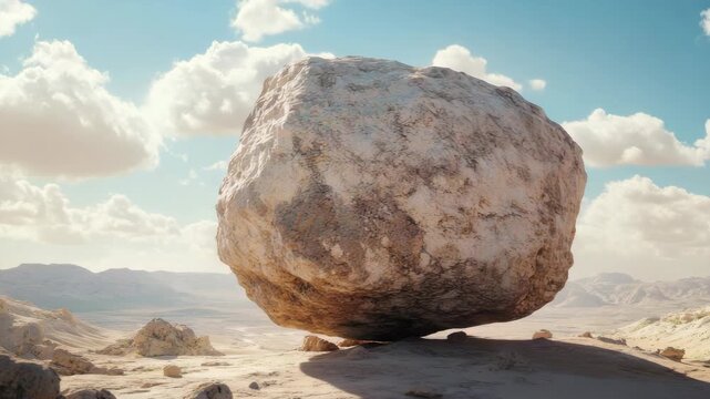 Ancient rock precariously balanced in desert landscape with clear blue sky and low clouds. Perfectly balanced geological formation.
