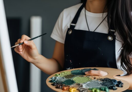 Focused artist painting with colorful palette and brush - Powered by Adobe