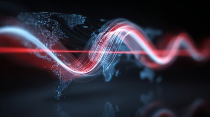 Dynamic global data visualization with vibrant flowing light trails over a world map, perfect for technology and business presentations