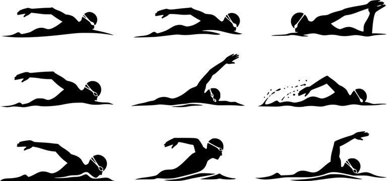 Swimming silhouettes, Swimmer silhouette, Woman swimming silhouette, Swimmer svg, Backstroke swimmer silhouette, Swimming svg, Swimming goggles silhouette, Swimmer icon bundle. - Powered by Adobe