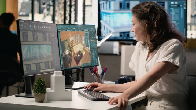 Real estate developer using digital software to measure layouts, structure and interior design for housing projects. Architectural planning and property investment for commercial buildings. Camera B.
