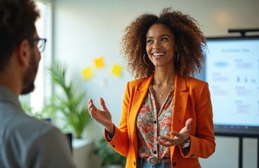 Curly businesswoman confidently leads presentation in office boardroom. Engaging audience with eloquent speech, charismatic communication. Woman smiles, animated hands gesturing, presenting ideas on
