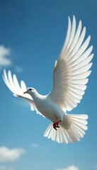 Obraz premium White dove flies through clear blue sky with wings spread wide. Bird peace, freedom, love. Clean design, white feathers, bird eye view, motion blur suggests flight. Religious, spiritual themes,