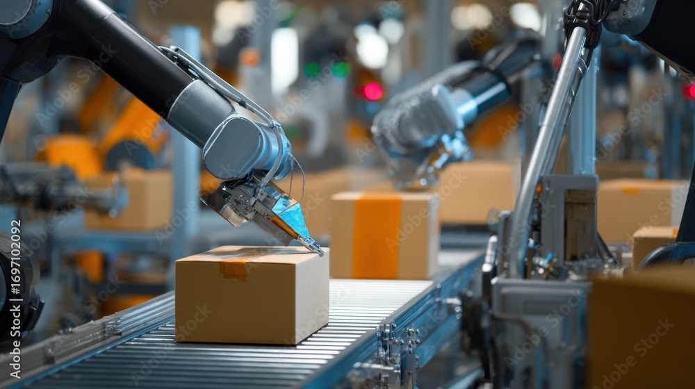 Poster medium shot of a robotic packing station assembling items into boxes highlighting mechanical arms in