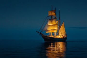 Fototapeta premium In the open ocean, a pirate ship's stormy sea adventure is captured in digital art, showcasing a dramatic nighttime atmosphere with lightning battles