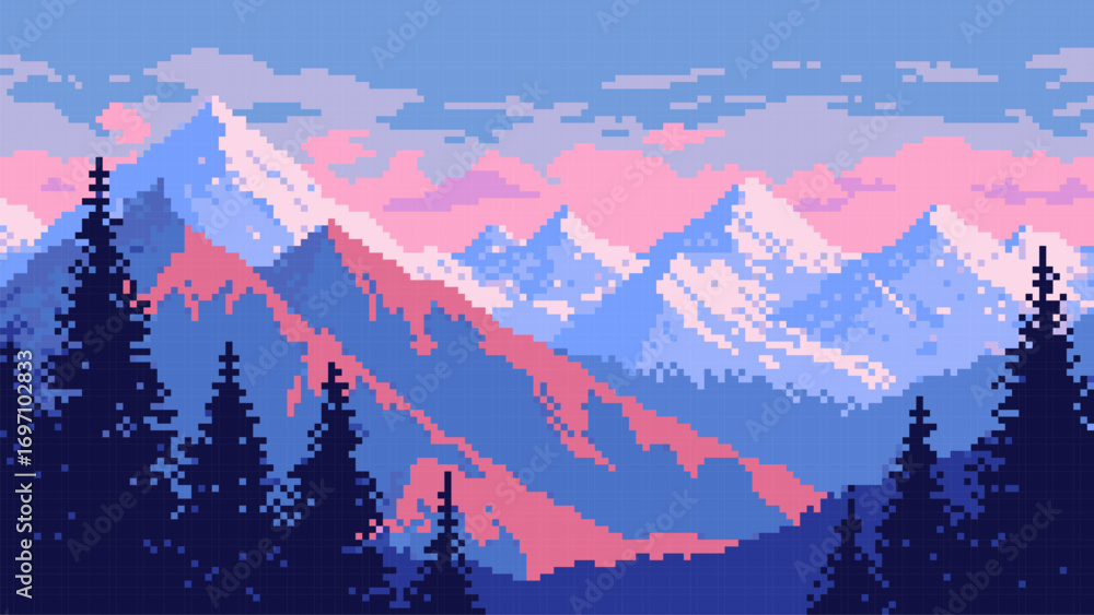 Poster pixel art game level vector displaying a majestic mountain range with a vibrant sky. retro gaming ba