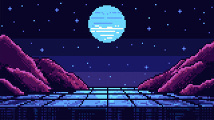Pixel art game level with purple mountains and night sky with stars and moon. Retro arcade gaming background. Perfect for game design asset.