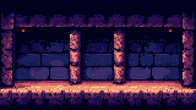Dark mysterious pixel art cave or dungeon level background with glowing element and ancient pillars for game design platformer.