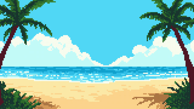 Tropical beach with pixel art style ocean and palm trees, a fun game level background vector design for vacation apps.