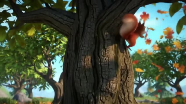 A vibrant 3D cartoon squirrel peeking from behind a textured tree trunk surrounded by lush green leaves and colorful orange flowers against a clear blue sky.