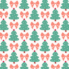 Cute pattern with Christmas tree and bow. Holiday background. Design for greeting card and wrapping paper. New Year celebration concept.