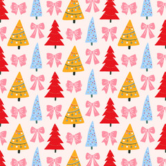 Obraz premium Colorful pattern with Christmas tree and bow. Festive winter wrapping paper and decor design idea.